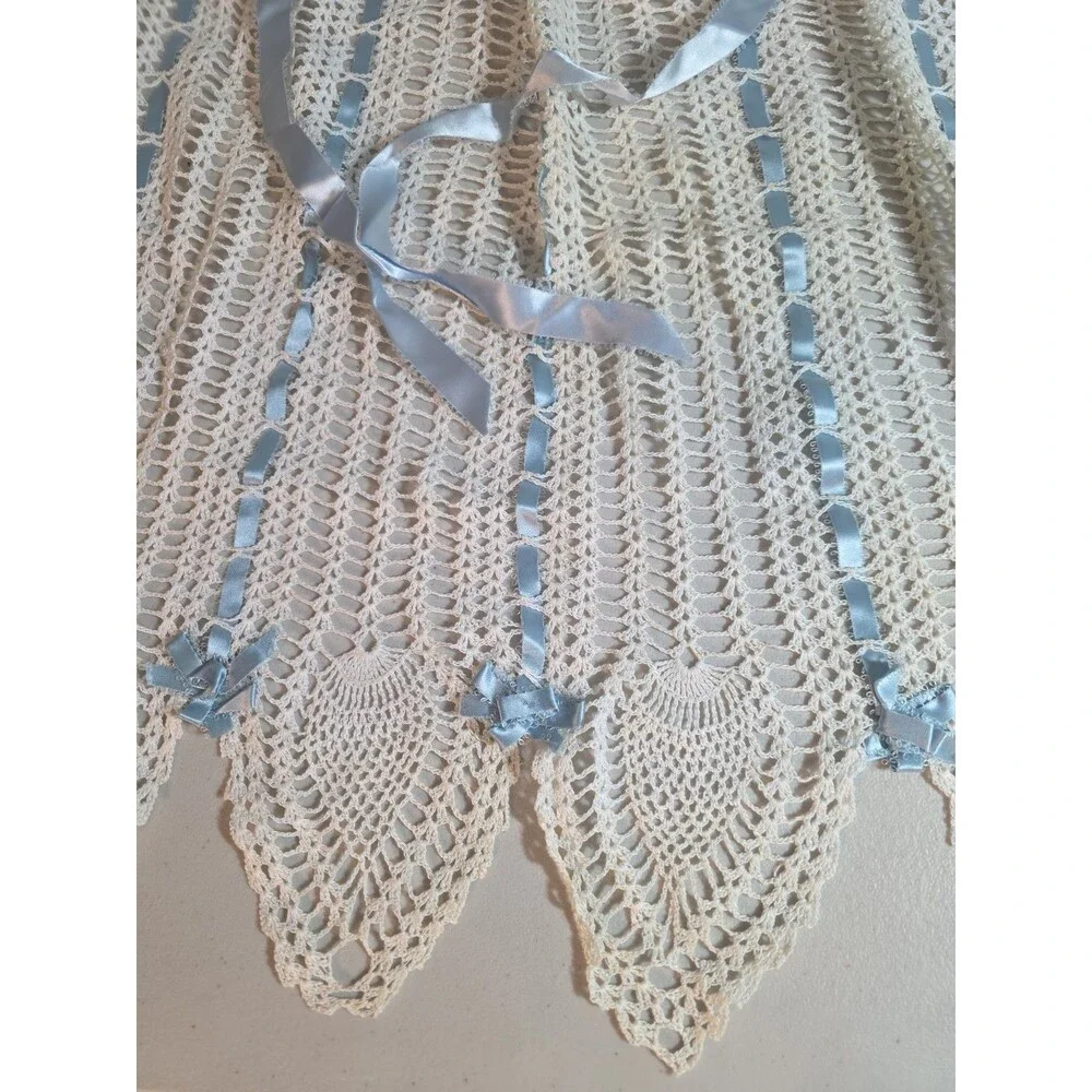 Vintage Handmade White Crochet Lace Apron with Blue Ribbon Ties
